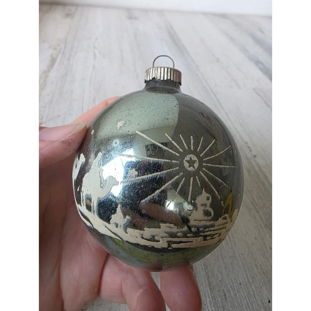 Vintage shiny Brite camel stencil Bethlehem star ornament glass Xmas tree